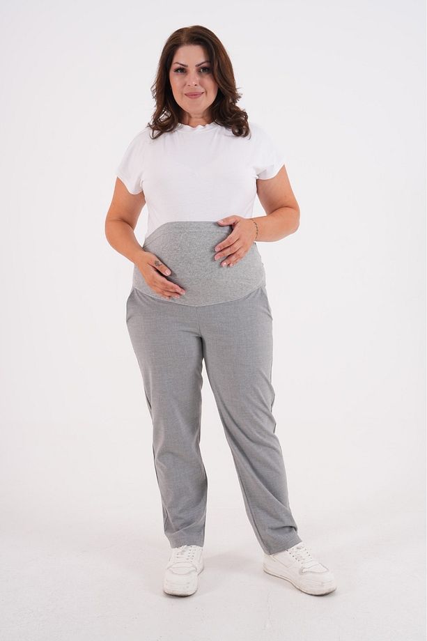 Hamile Büyük Beden Esnek Karın Bantlı Belden Ayarlanabilir Mom Fit Klasik Gabardin Pantolon Gri