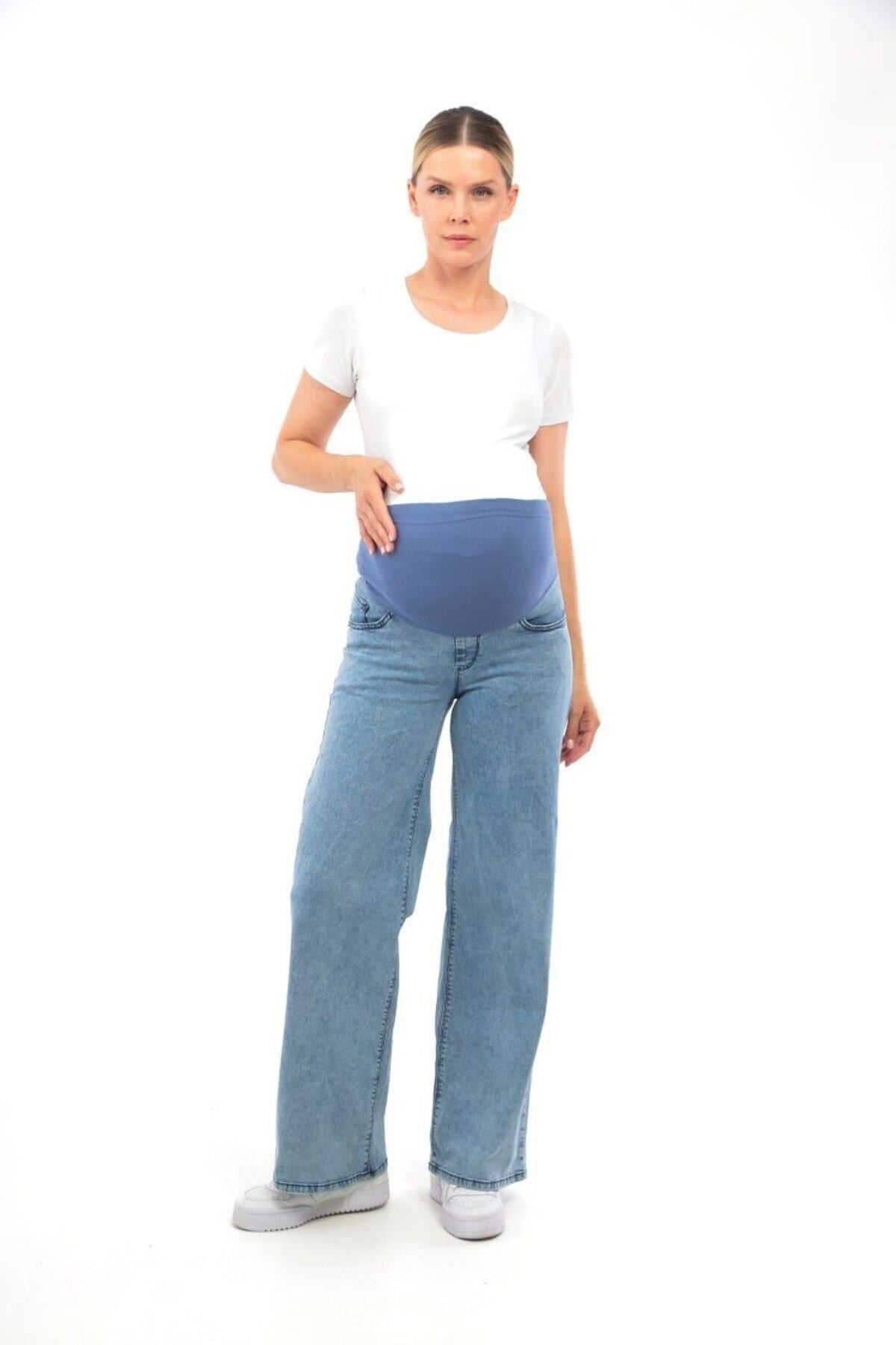 Hamile Esnek Karın Bantlı Beli Ayarlanabilir Geniş Paça Kot Pantolon Mavi
