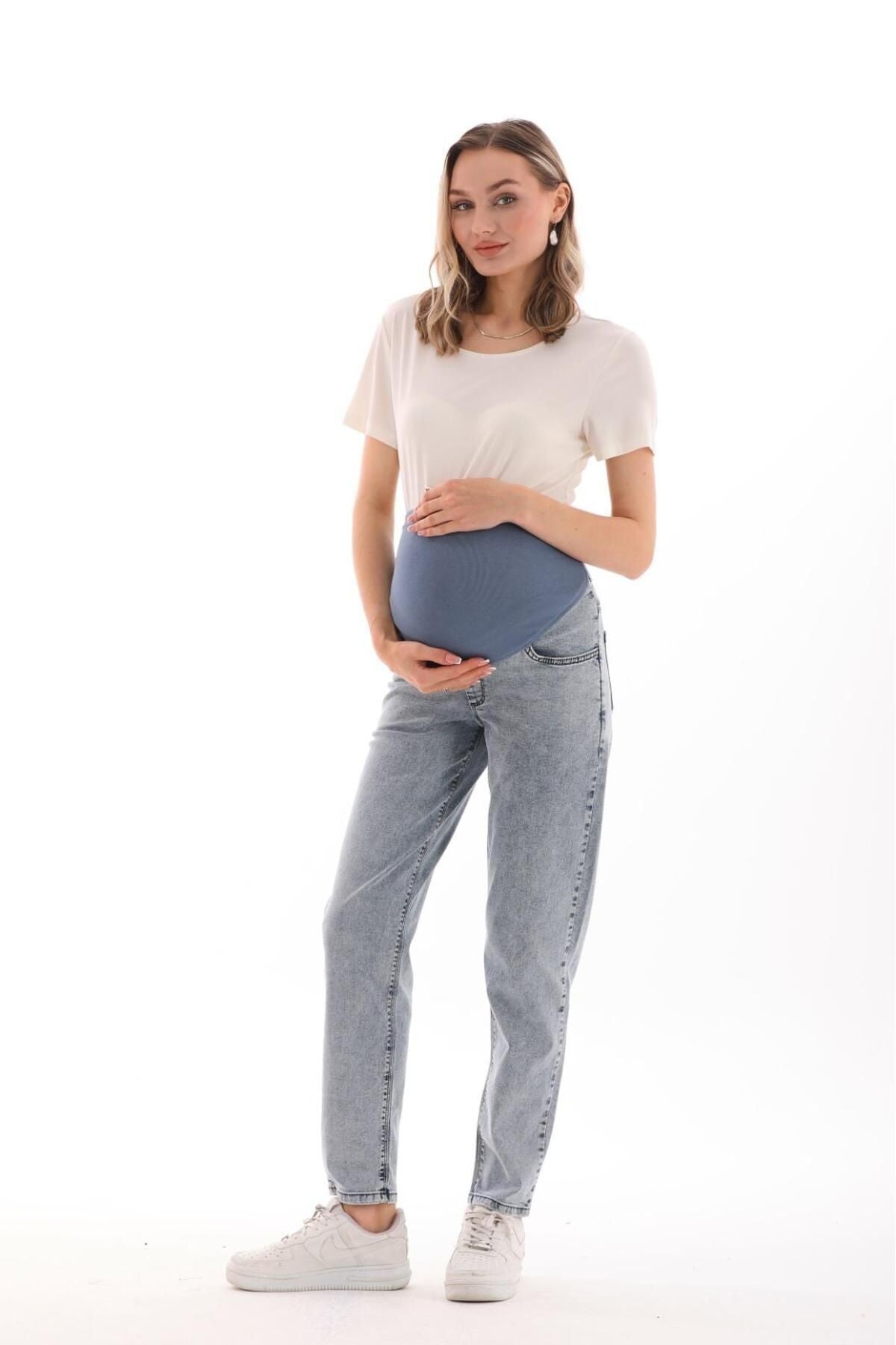 Hamile Esnek Karın Bantlı Beli Ayarlanabilir Mom Fit Kot Pantolon Mavi