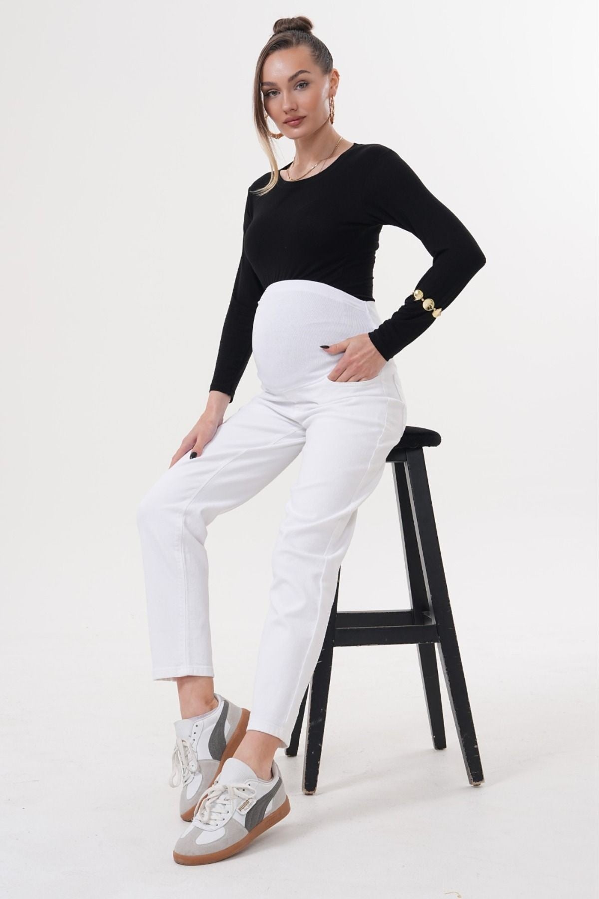 Hamile Esnek Karın Bantlı Beli Ayarlanabilir Mom Fit Kot Pantolon BEYAZ