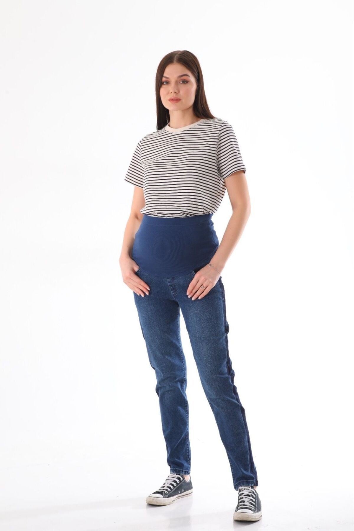 Hamile Esnek Karın Bantlı Beli Ayarlanabilir Yan Detaylı Mom Fit Kot Pantolon Lacivert