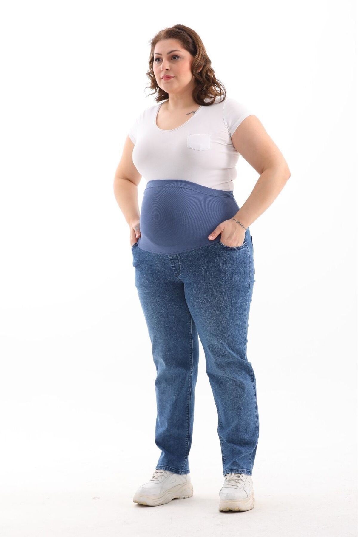 Hamile Büyük Beden Esnek Karın Bantlı Beli Ayarlanabilir Mom Fit Normal Paça Kot Pantolon Lacivert