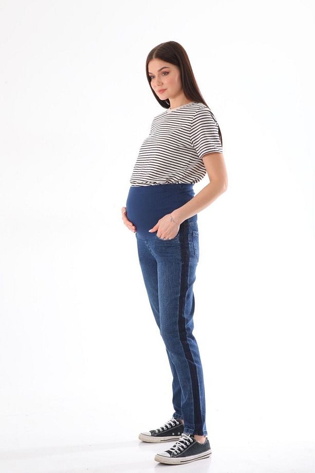 Hamile Esnek Karın Bantlı Beli Ayarlanabilir Yan Detaylı Mom Fit Kot Pantolon Lacivert