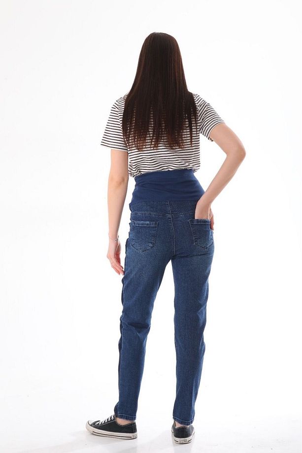 Hamile Esnek Karın Bantlı Beli Ayarlanabilir Yan Detaylı Mom Fit Kot Pantolon Lacivert