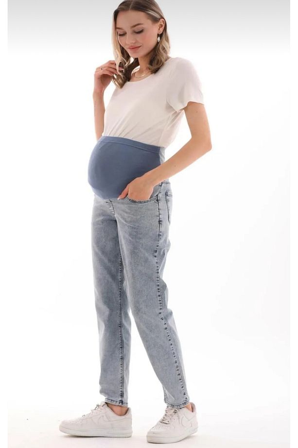 Hamile Esnek Karın Bantlı Beli Ayarlanabilir Mom Fit Arka Kemer Detaylı Kot Pantolon Mavi