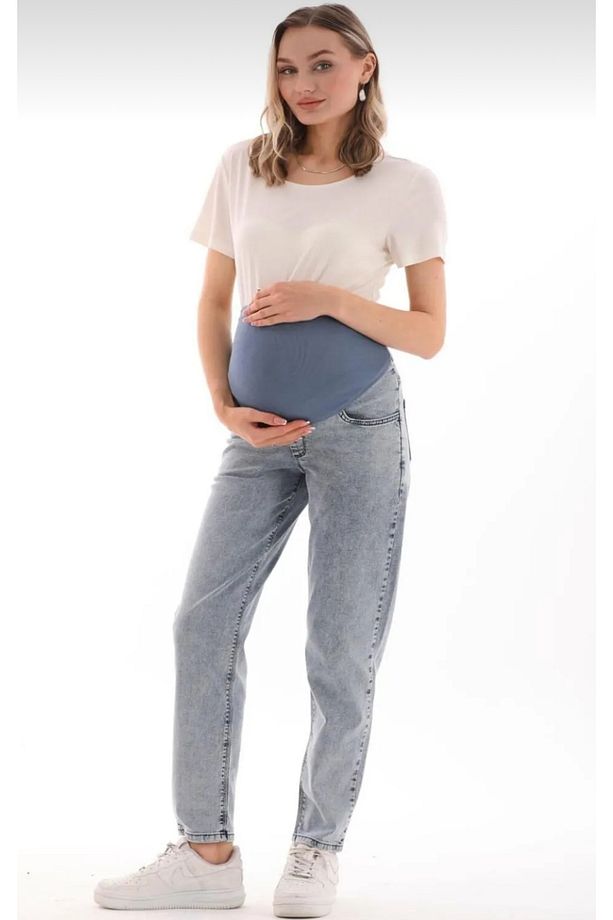 Hamile Esnek Karın Bantlı Beli Ayarlanabilir Mom Fit Arka Kemer Detaylı Kot Pantolon Mavi