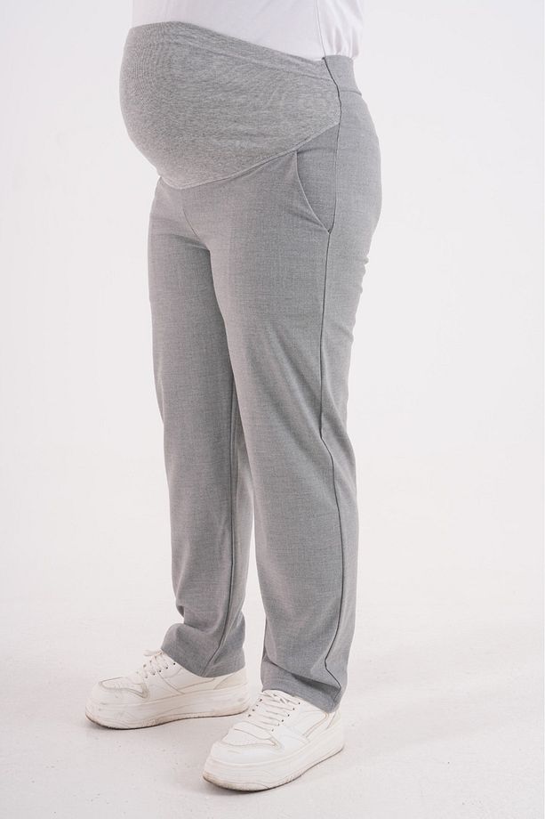 Hamile Büyük Beden Esnek Karın Bantlı Belden Ayarlanabilir Mom Fit Klasik Gabardin Pantolon Gri