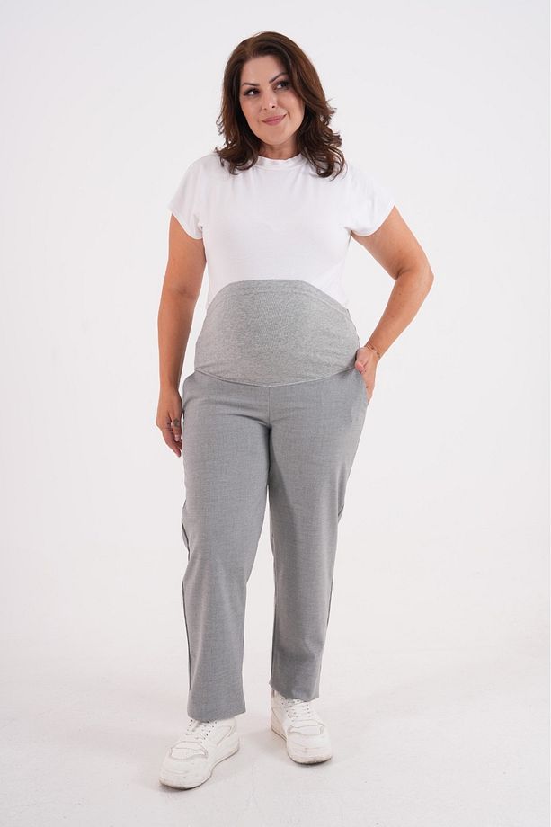 Hamile Büyük Beden Esnek Karın Bantlı Belden Ayarlanabilir Mom Fit Klasik Gabardin Pantolon Gri