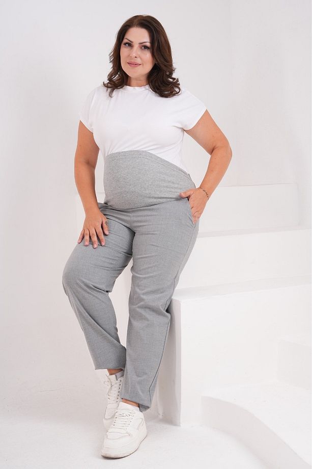 Hamile Büyük Beden Esnek Karın Bantlı Belden Ayarlanabilir Mom Fit Klasik Gabardin Pantolon Gri