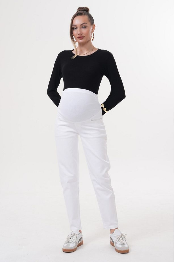Hamile Esnek Karın Bantlı Beli Ayarlanabilir Mom Fit Kot Pantolon BEYAZ