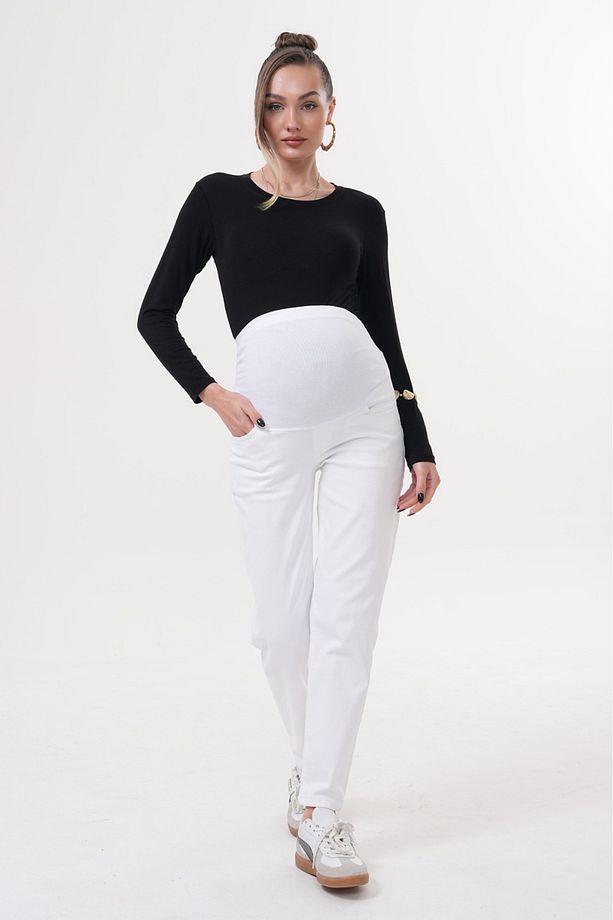Hamile Esnek Karın Bantlı Beli Ayarlanabilir Mom Fit Kot Pantolon BEYAZ