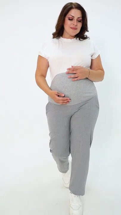 Hamile Büyük Beden Esnek Karın Bantlı Belden Ayarlanabilir Mom Fit Klasik Gabardin Pantolon Gri