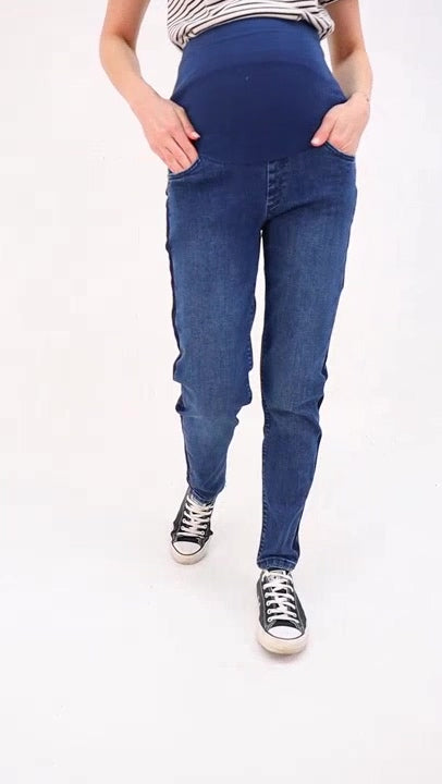 Hamile Esnek Karın Bantlı Beli Ayarlanabilir Yan Detaylı Mom Fit Kot Pantolon Lacivert