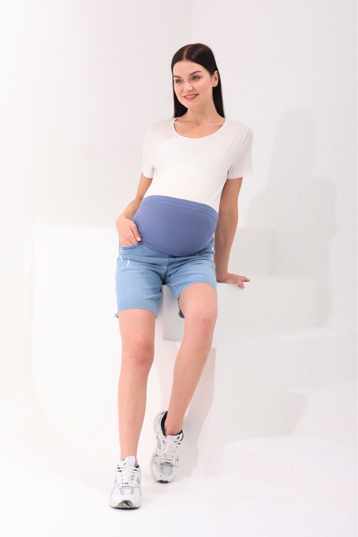 Hamile Esnek Karın Bantlı Beli Ayarlanabilir Mom Fit Dikişsiz Paça Detaylı Şort Mavi Buz