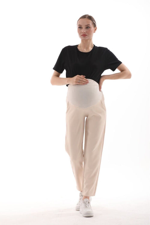 Hamile Esnek Karın Bantlı Beli Ayarlanabilir Mom Fit Klasik Gabardin Pantolon Bej