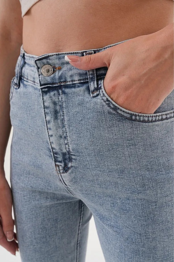 Kadın Yüksek Bel İspanyol Paça Kot Pantolon - Gri renk