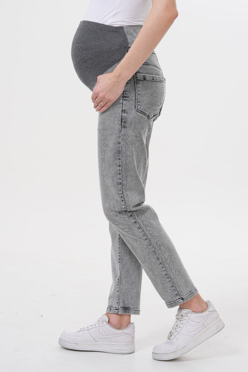 Hamile Pantolonu - Gri Mom Fit Beli Ayarlanabilir Anne Kotu