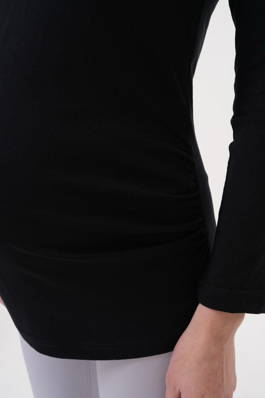 Bisiklet Yaka Yanları Büzgülü Uzun Kollu Hamile T-Shirt Siyah