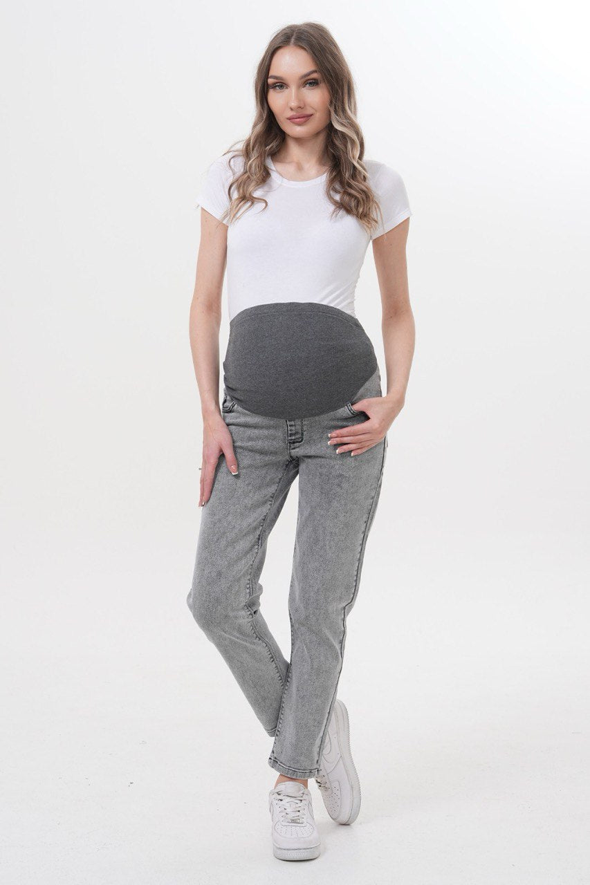Hamile Pantolonu - Gri Mom Fit Beli Ayarlanabilir Anne Kotu