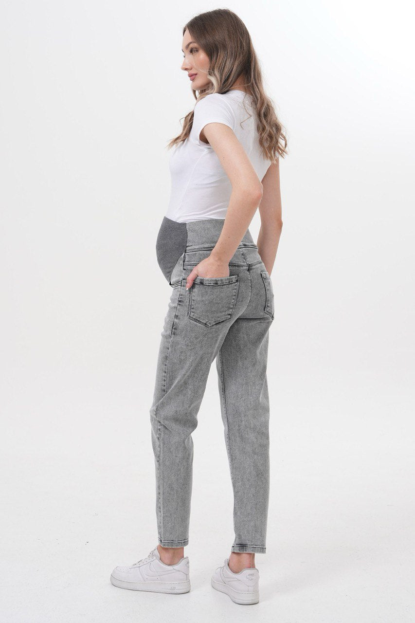 Hamile Pantolonu - Gri Mom Fit Beli Ayarlanabilir Anne Kotu