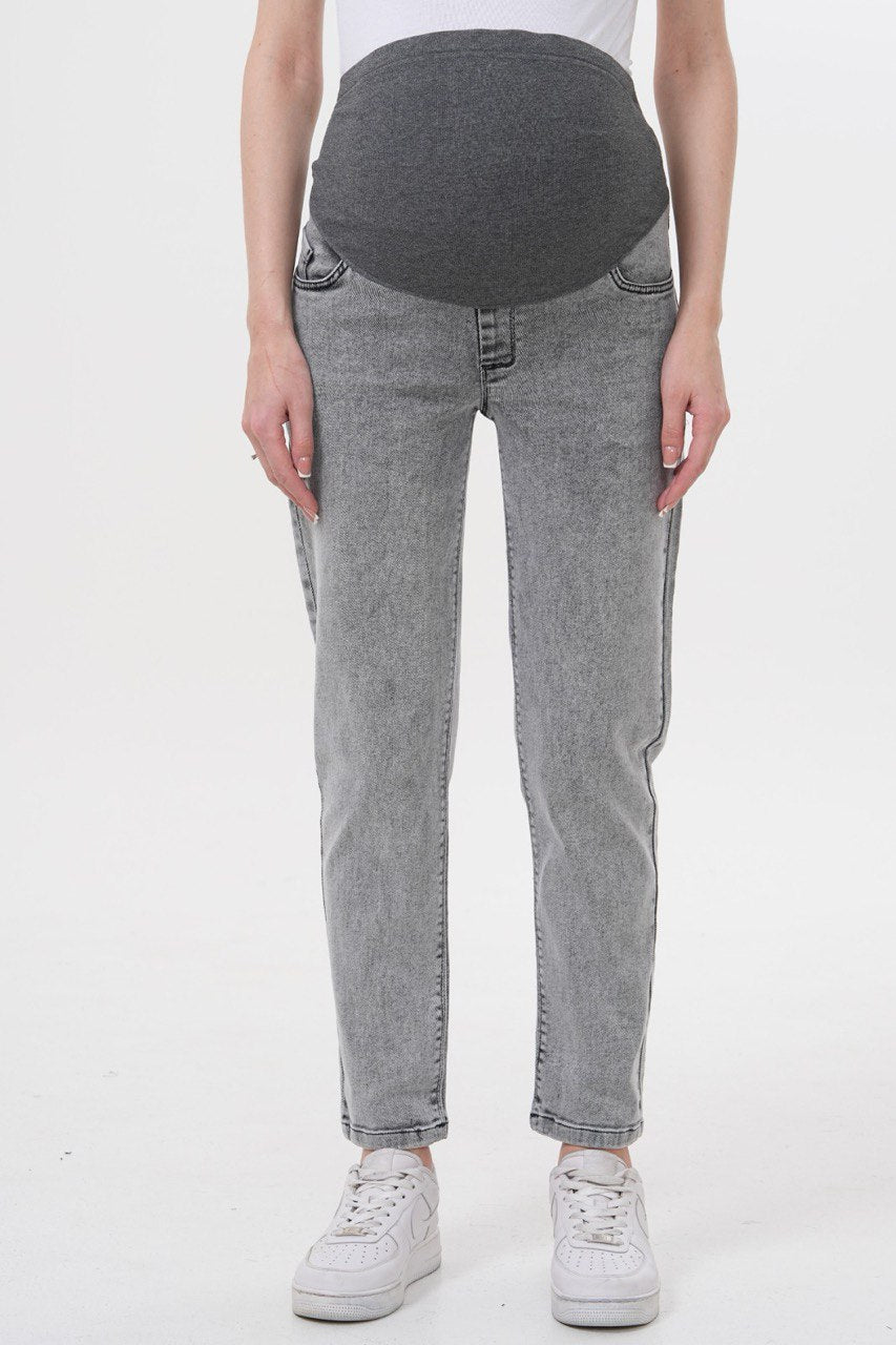 Hamile Pantolonu - Gri Mom Fit Beli Ayarlanabilir Anne Kotu