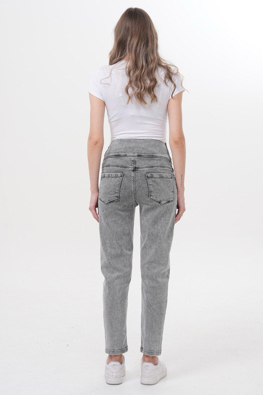 Hamile Pantolonu - Gri Mom Fit Beli Ayarlanabilir Anne Kotu