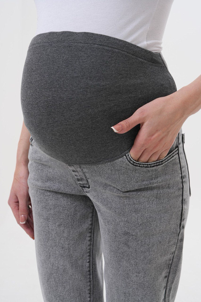Hamile Pantolonu - Gri Mom Fit Beli Ayarlanabilir Anne Kotu